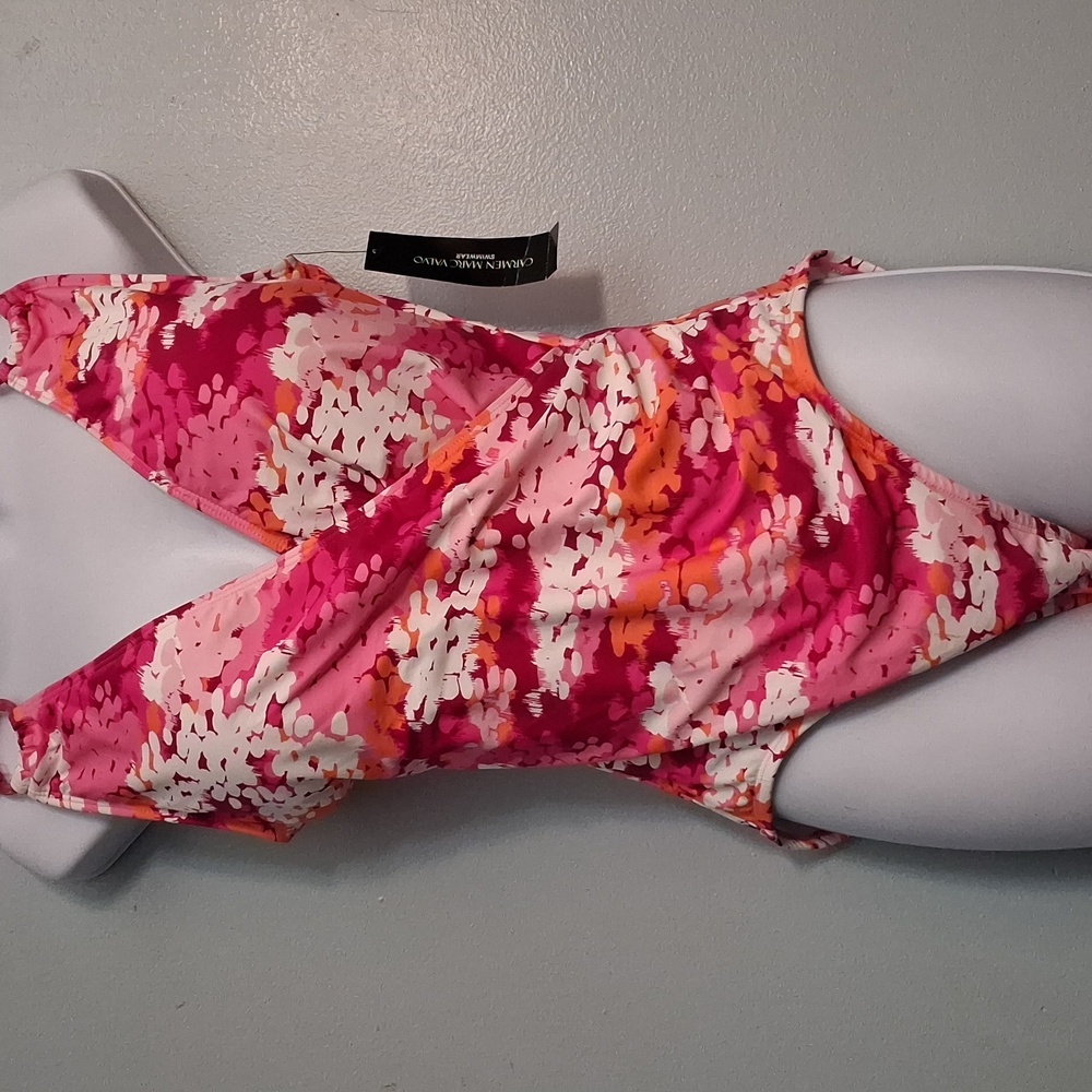 Carmen Marc Valvo size 14 women's white, pink and red floral one-piece swimsuit.